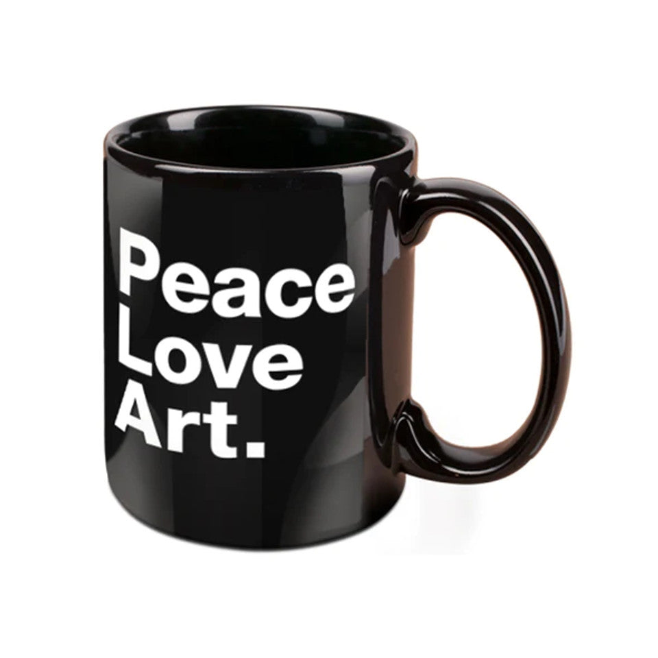A black ceramic mug with the text 'PEACE LOVE ART' printed in white.