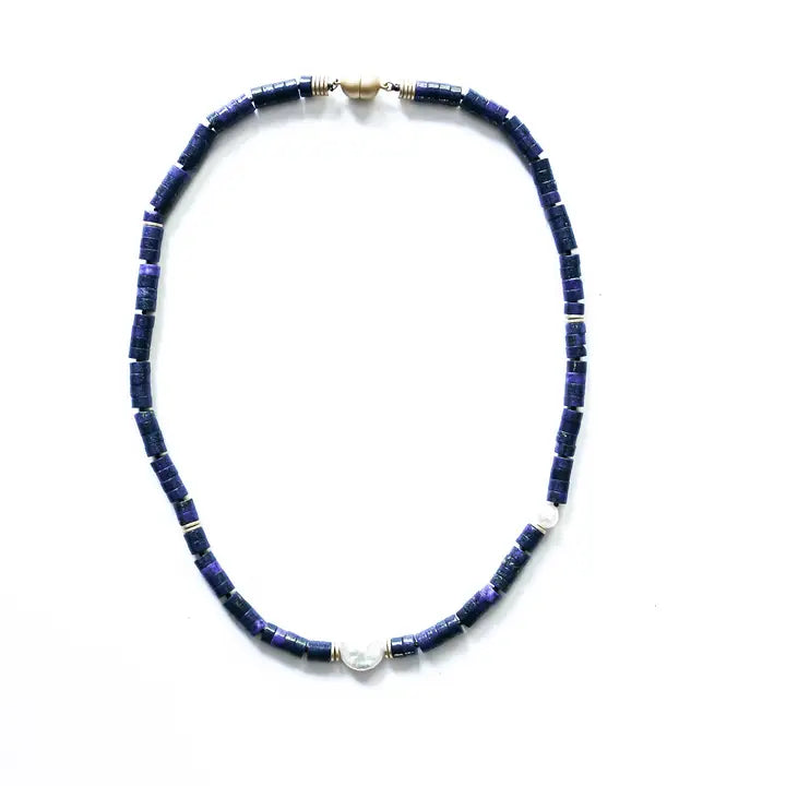 Lapis Color Necklace with Pearl Coin