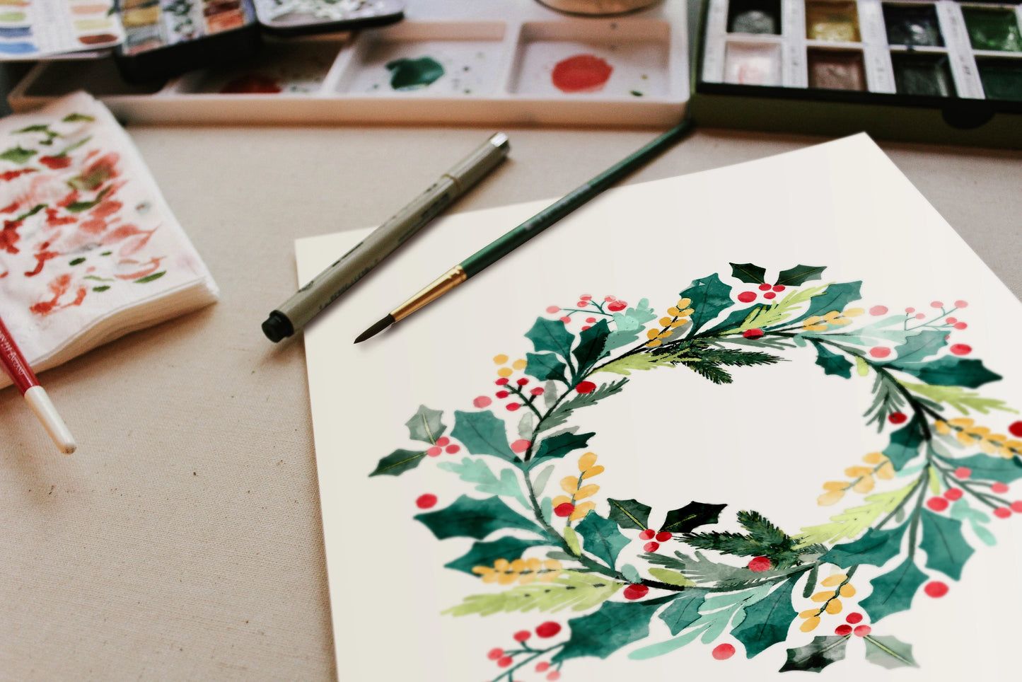 Holly Wreath Watercolor Painting Kit
