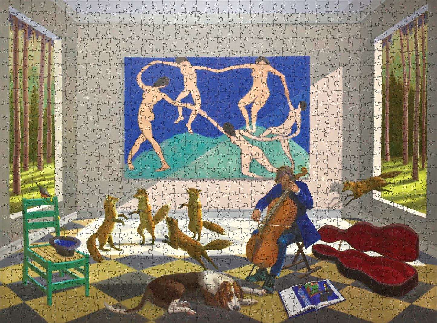 Jigsaw puzzle with a completed scene of a room with a man playing cello, cats, and a painting on the wall.