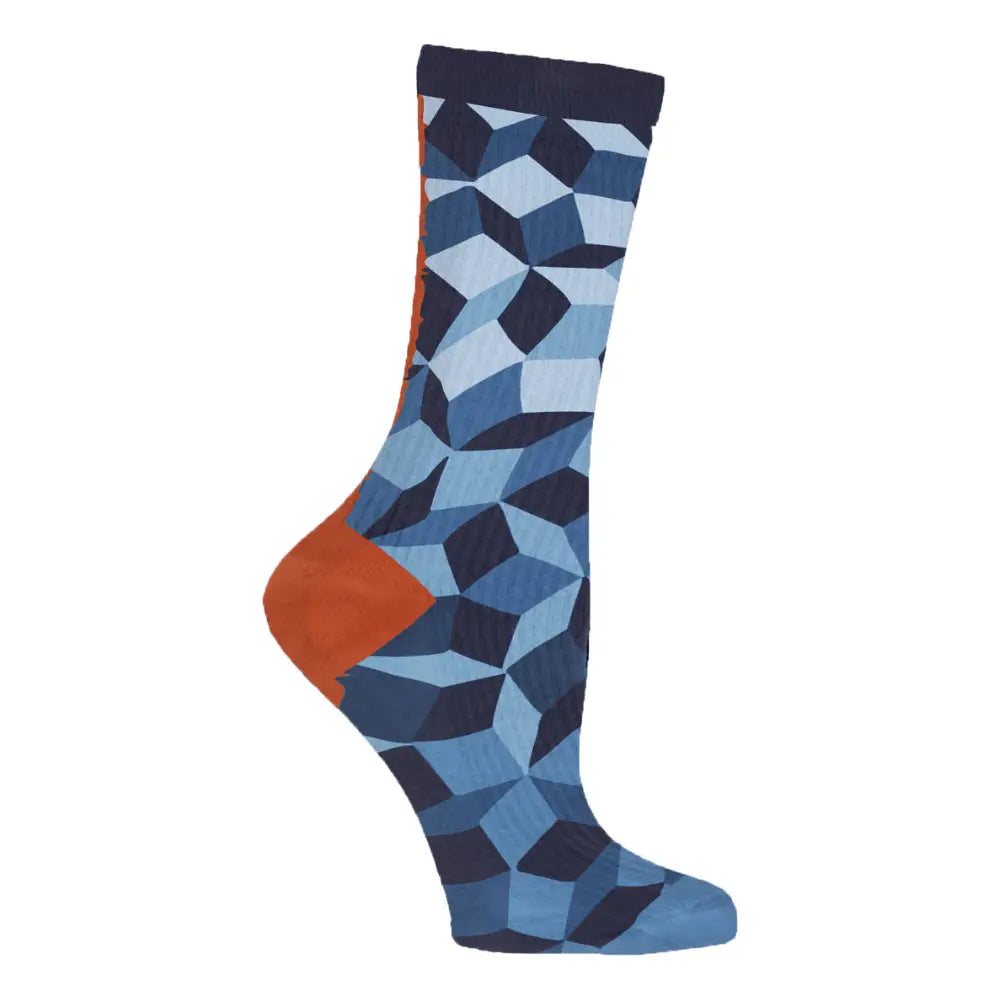 A single crew sock with a geometric 3D cube pattern in shades of blue, navy, and light blue, featuring a solid orange heel and toe, and a dark navy cuff.