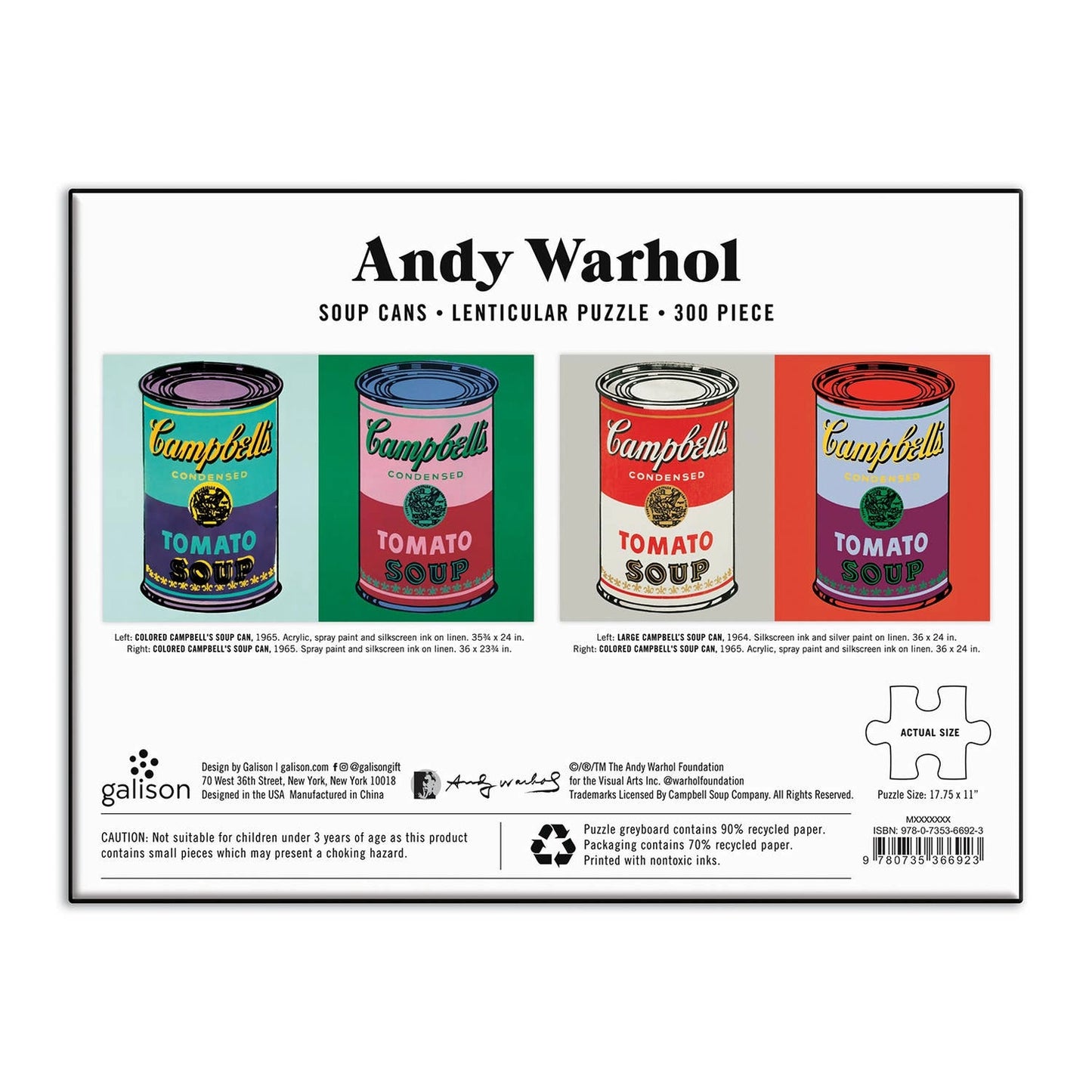 Andy Warhol 'Soup Cans' lenticular puzzle package, featuring iconic Campbell's Tomato Soup can designs in a puzzle layout with product details and a Galison brand logo.