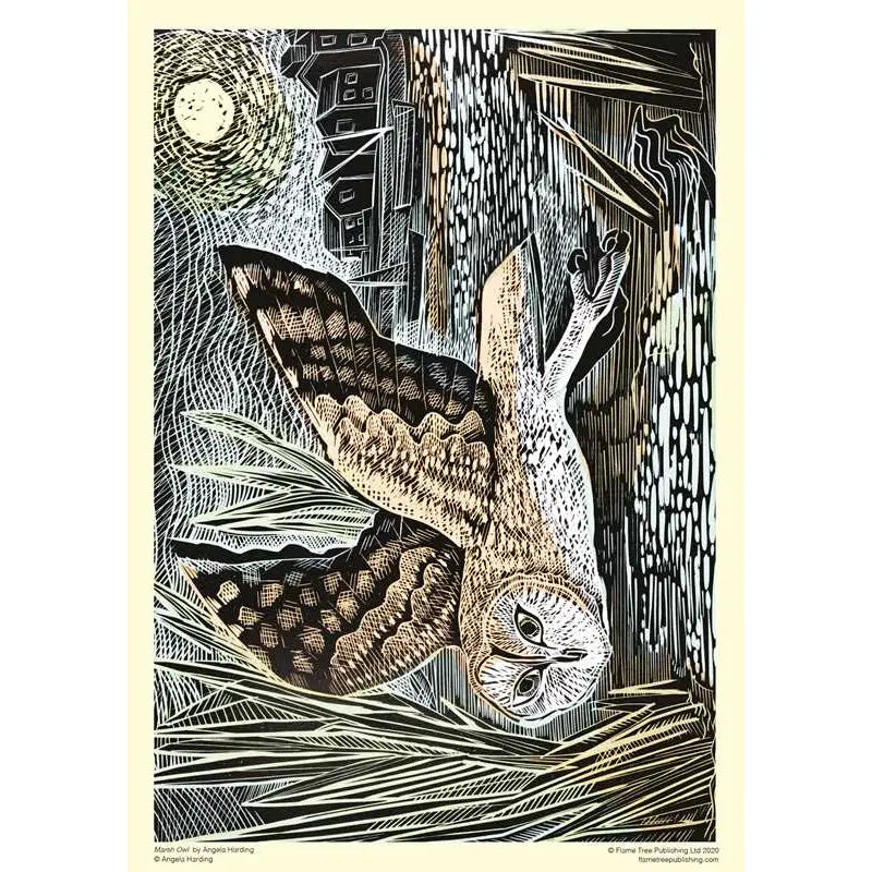 A poster of a brown and white marsh owl flying through a seascape with a building and boat in the background.