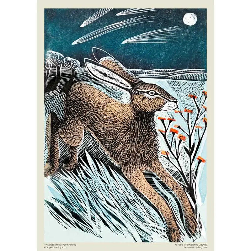 A poster of Angela Harding's artwork depicting a brown hare leaping across a snowy landscape.