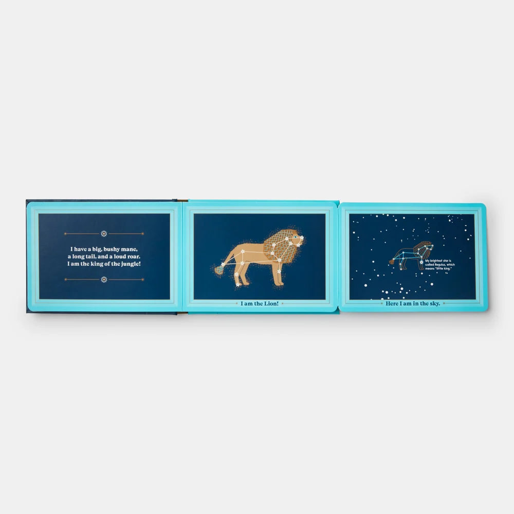 Children's book about the constellation Leo with illustrations and text on a white background