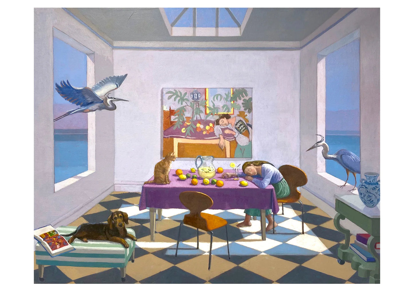 Colorful painting of a room with a person napping at a table with a dog, cat and birds.