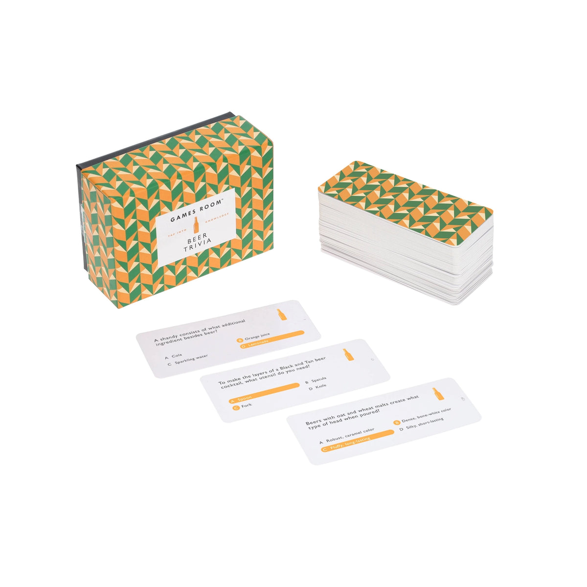 Card game set with geometric patterned box and cards on a white background