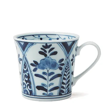 Ceramic mug with blue floral design on a white background