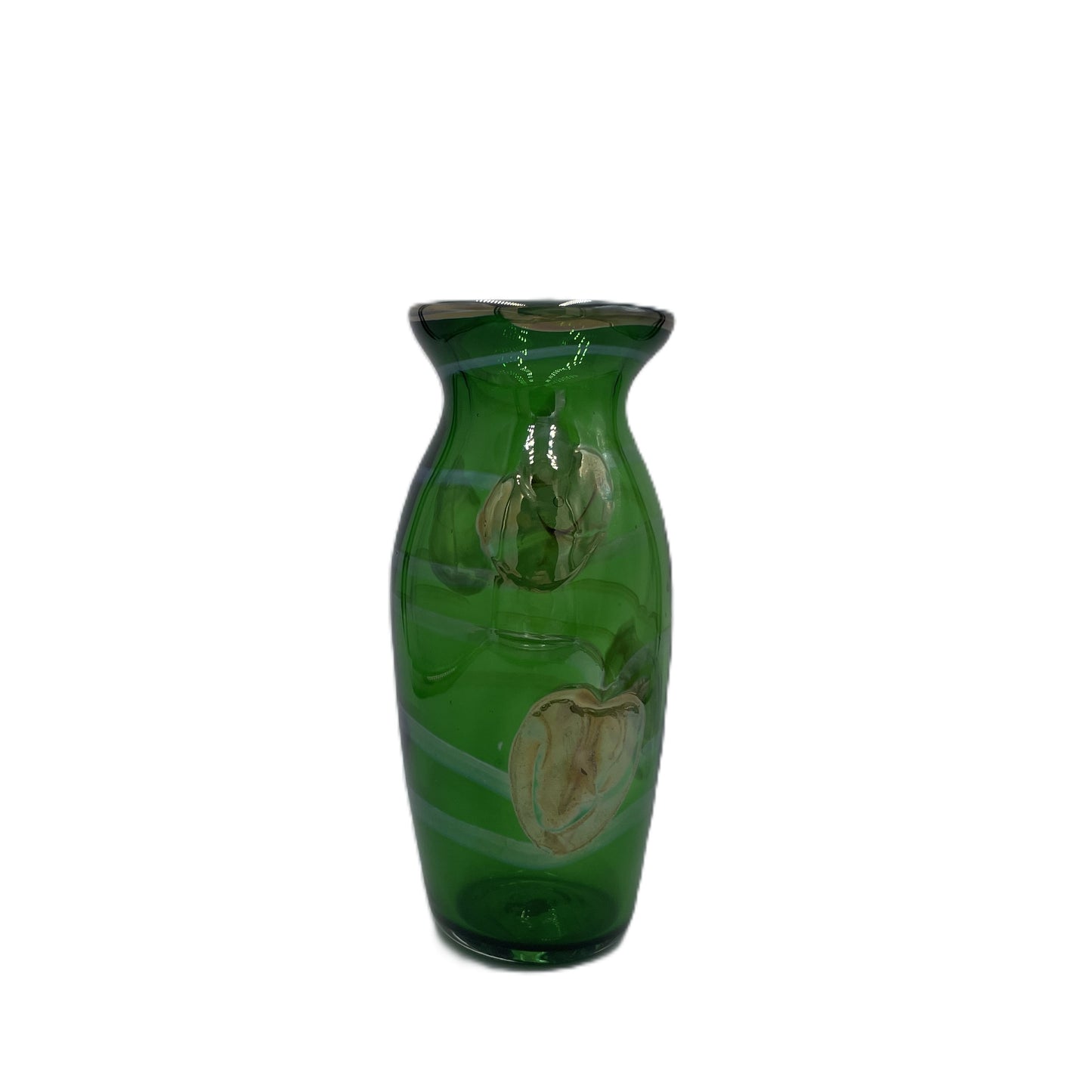 Green glass vase with an irridescent leaf and vine design on a white background