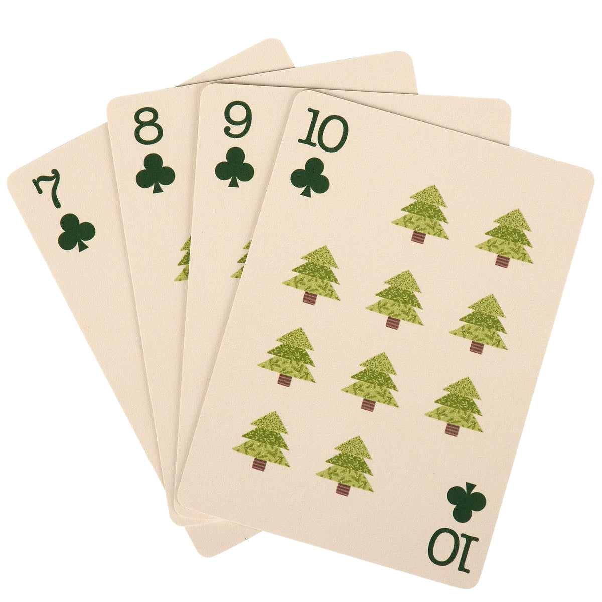 A fan of playing cards on a plain white background, showing the numbers 7 through 10 with green club symbols and green tree illustrations printed on the cream-colored card faces.