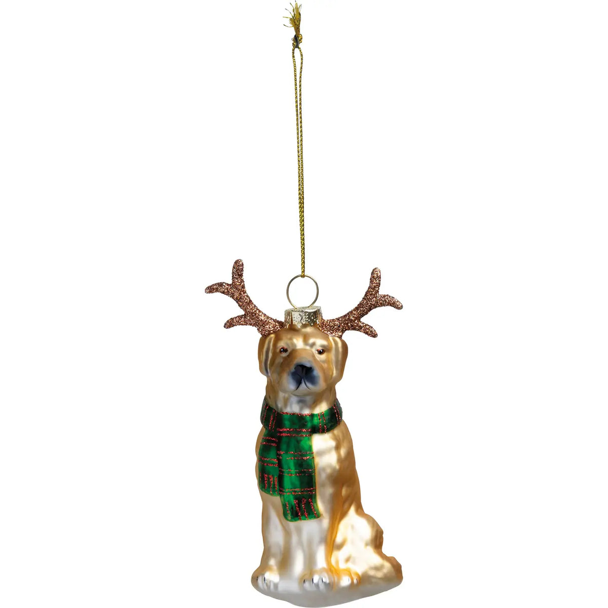 A decorative glass ornament shaped like a dog wearing brown glittered antlers and a red and green stripe scarf. Suspended from a gold hanging cord and shown on a white background.