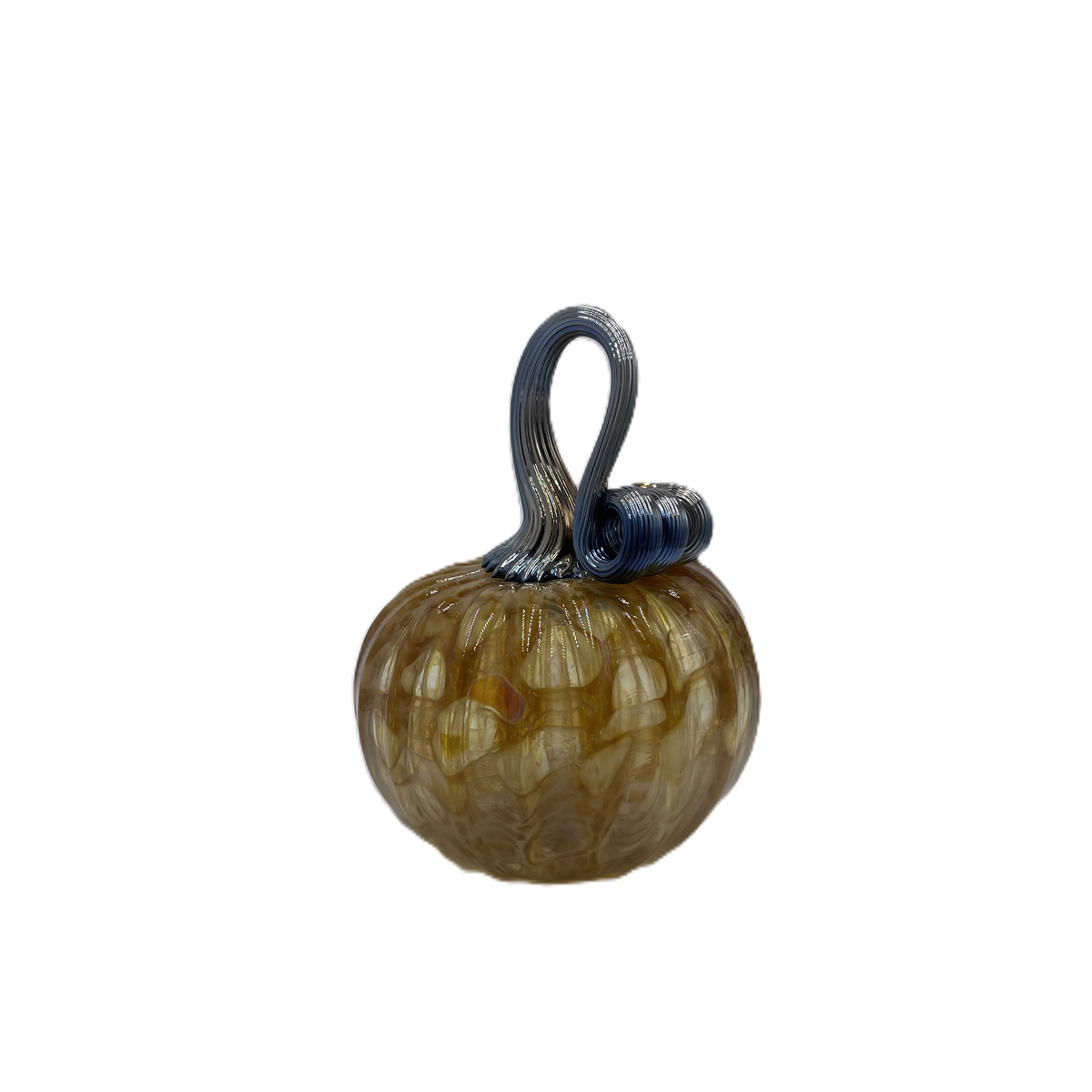 A small decorative glass pumpkin with a ribbed textured body in amber-brown and cream tones, featuring a dark blue-stem and loop handle, isolated on a white background.