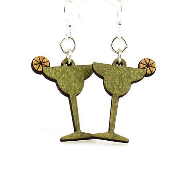 Wooden margarita glass earrings with orange slices on a white background