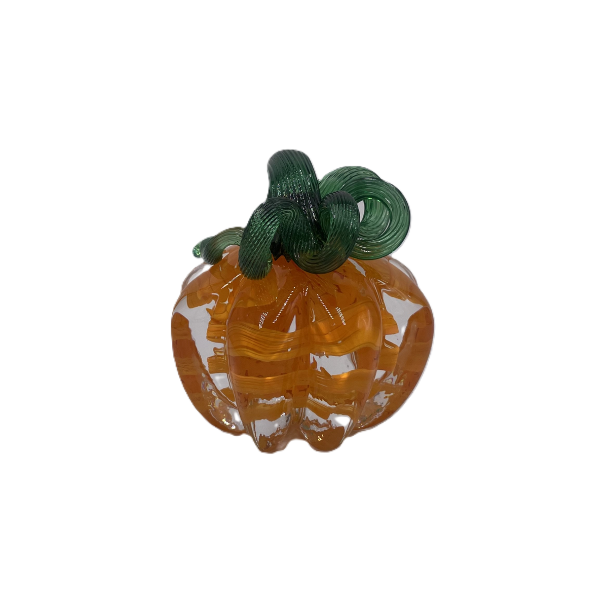 A glass pumpkin in translucent orange glass with a dark green stem, isolated on a plain white background.