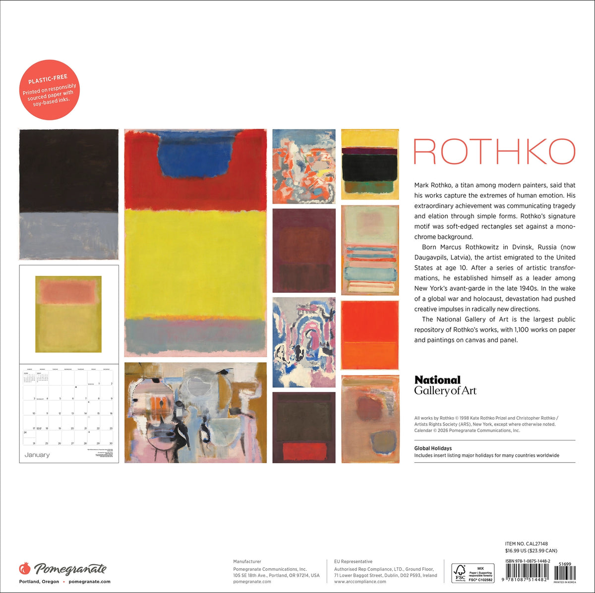 Back cover of a Rothko 2027 Wall Calendar with text on the right hand side and 12 colorful images on the left.