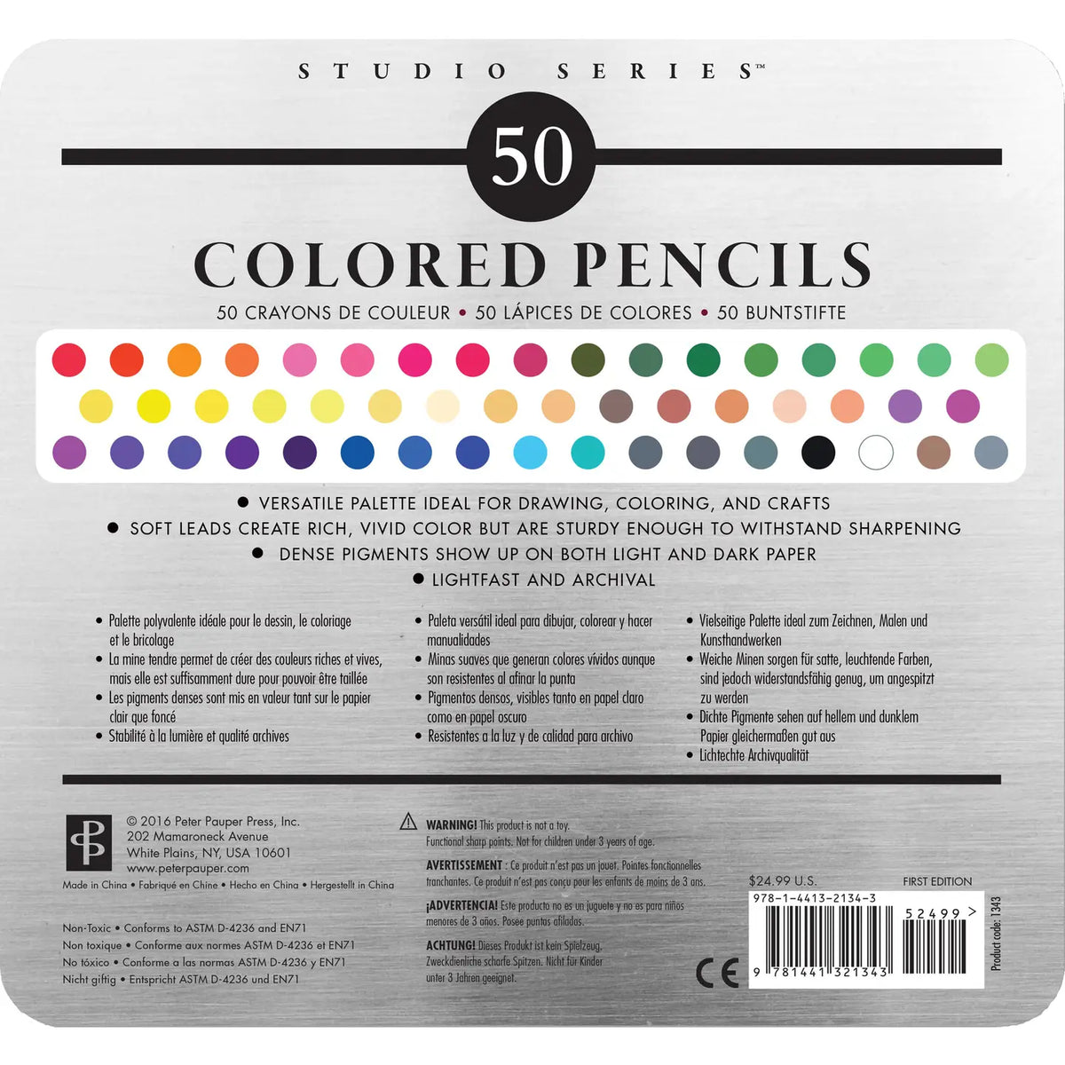 Studio Series 50 Colored Pencils packaging card showing a large array of colored pencil tip color options, product details, and a barcode on a white background.
