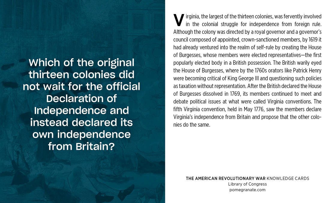 Knowledge card about Virginia's declaration of independence during the American Revolutionary War.