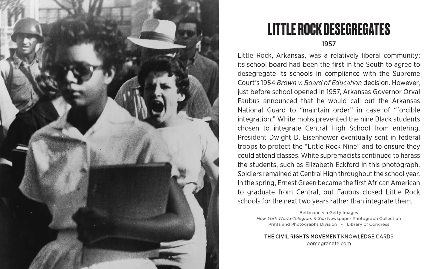Black and white photograph of a student holding a book with text about Little Rock desegregating in 1957.