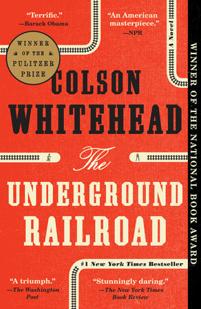 Book cover of 'The Underground Railroad' by Colson Whitehead with text and train design on a red background.