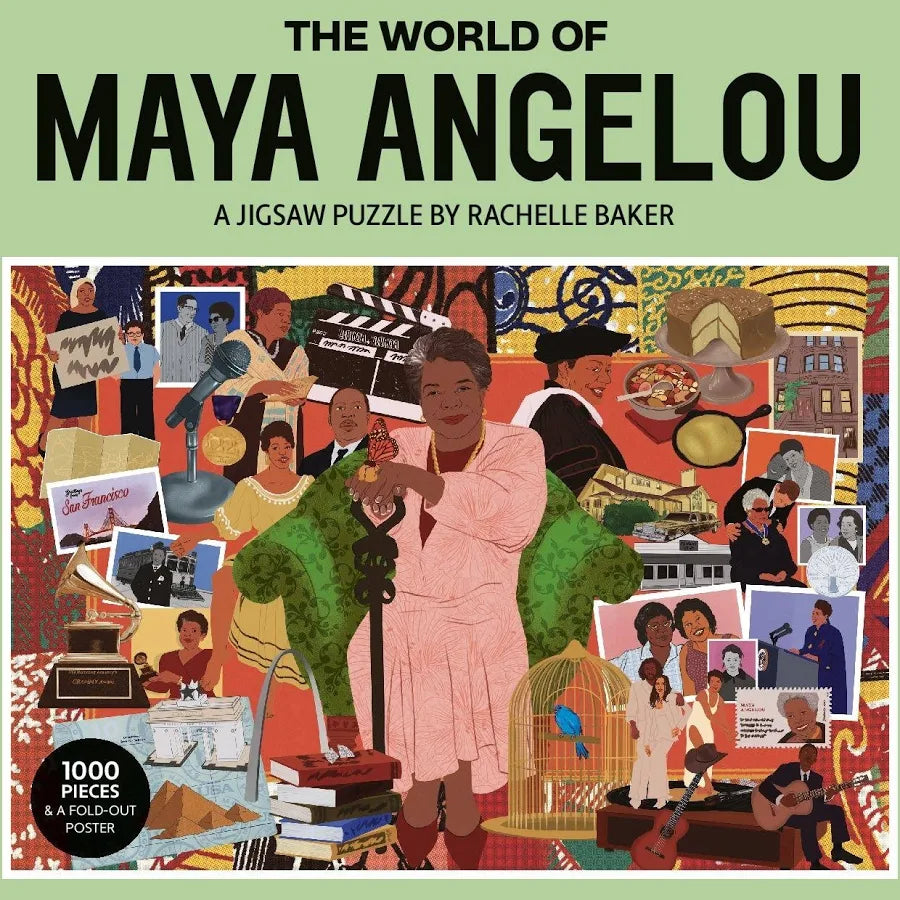 Front cover of 'The World of Maya Angelou' jigsaw puzzle by Rachelle Baker, featuring a light green top and bottom border and a colorful illustrated collage in the center with the title text at the top.