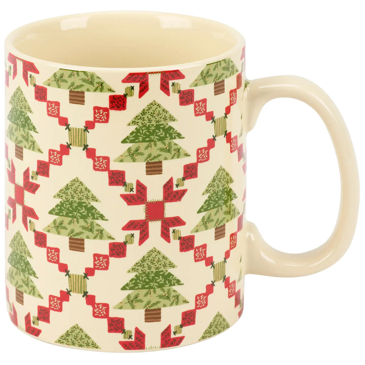 Cream mug featuring a red and green Christmas tree quilt pattern on a white background.