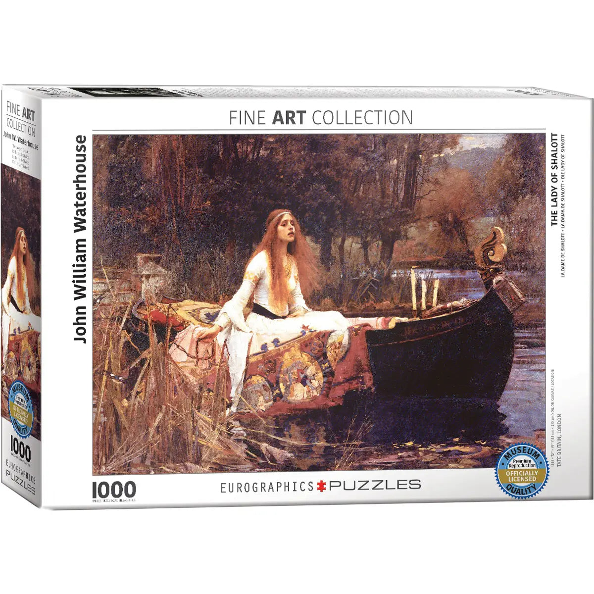 Boxed jigsaw puzzle from the Eurographics Puzzles Fine Art Collection, featuring John William Waterhouse's painting 'The Lady of Shallot'. The white packaging displays the artwork of a red-haired woman in a white dress sitting in a boat surrounded by water and trees, with text indicating 1000 pieces.