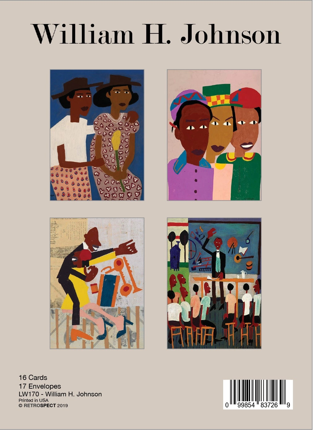 Back Cover of boxed notecards featuring four artworks by 'William H. Johnson' .