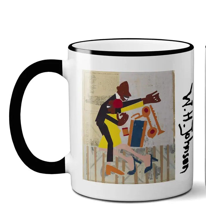 White mug with artistic design of musicians with the words "W. H. Johnson" on a white background