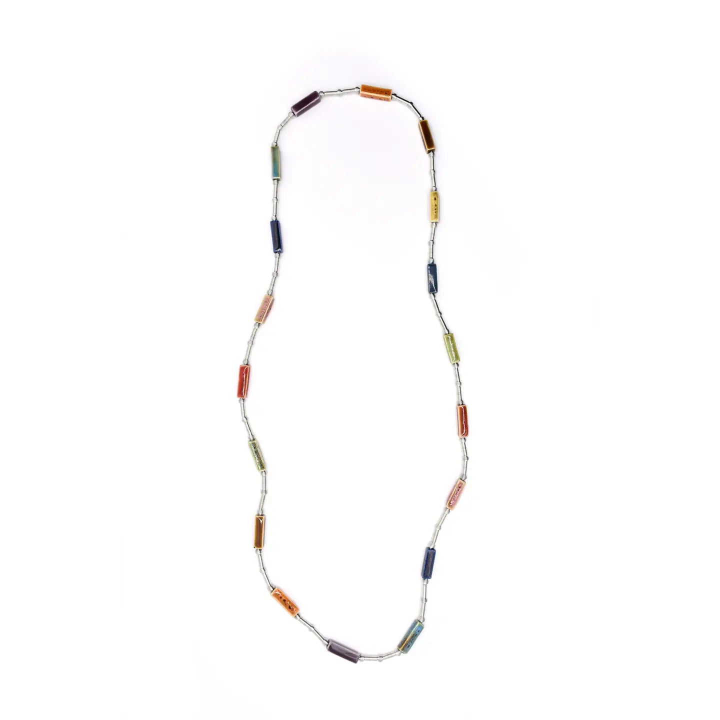 Long Silver Necklace with Ceramic Beads