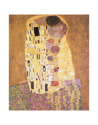 A print of Klimt's famous painting 'The Kiss', featuring two figures embraced in an abstracted mosaic robe.
