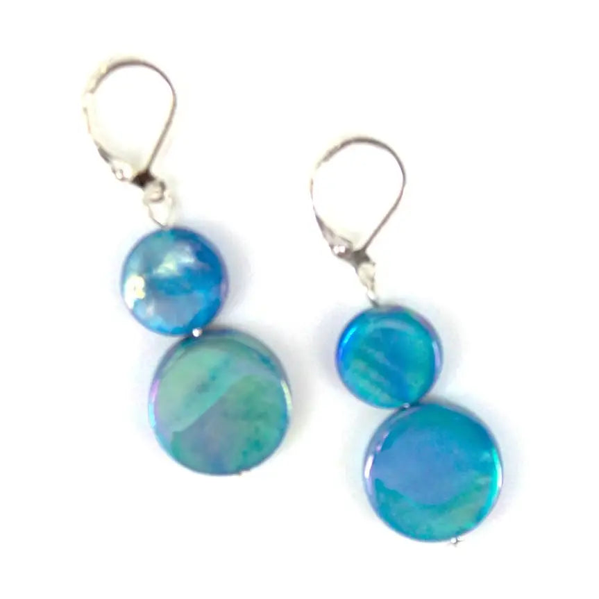 Pair of blue mother of pearl circular earrings on a white background
