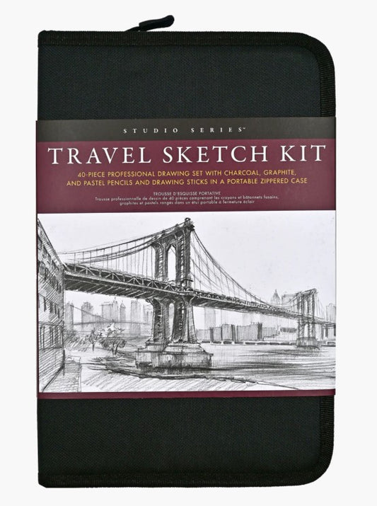 A soft black case with a black zipper and burgundy packaging reading 'Travel Sketch Kit' on a white background