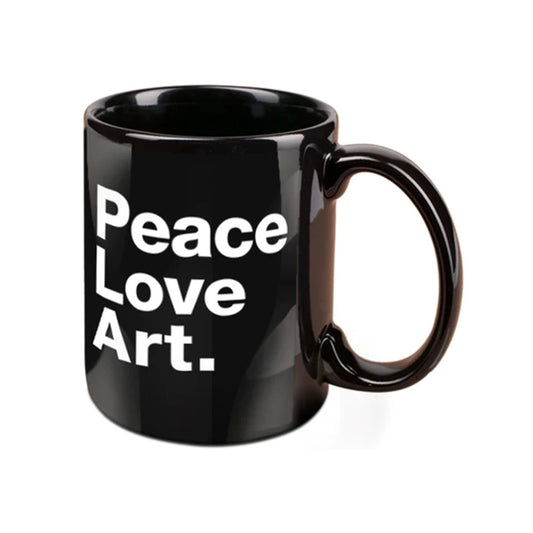 A black ceramic mug with the text 'PEACE LOVE ART' printed in white.