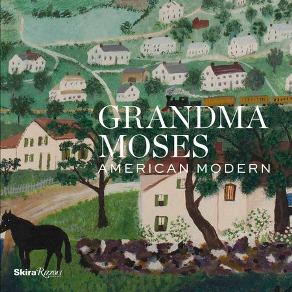 Book cover of 'Grandma Moses American Modern' featuring an illustration of a rural American scene with a house, tree, and a horse.