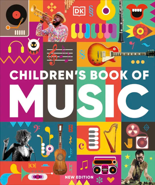 Cover of 'Children's Book of Music' featuring a collage of musical instruments, artists, and colorful graphics.