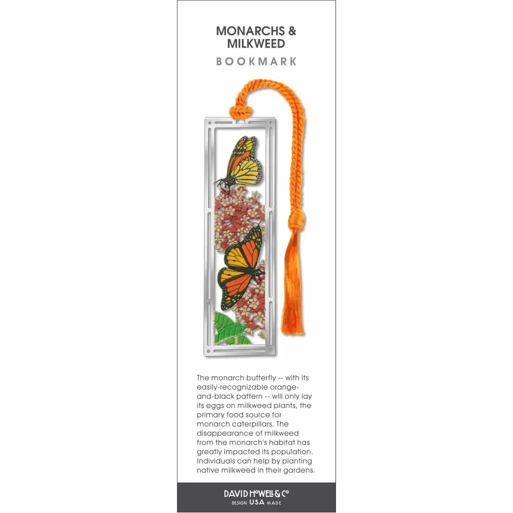 Monarch butterfly and milkweed bookmark with decorative orange tassel on a white background