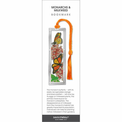 Monarch butterfly and milkweed bookmark with decorative orange tassel on a white background
