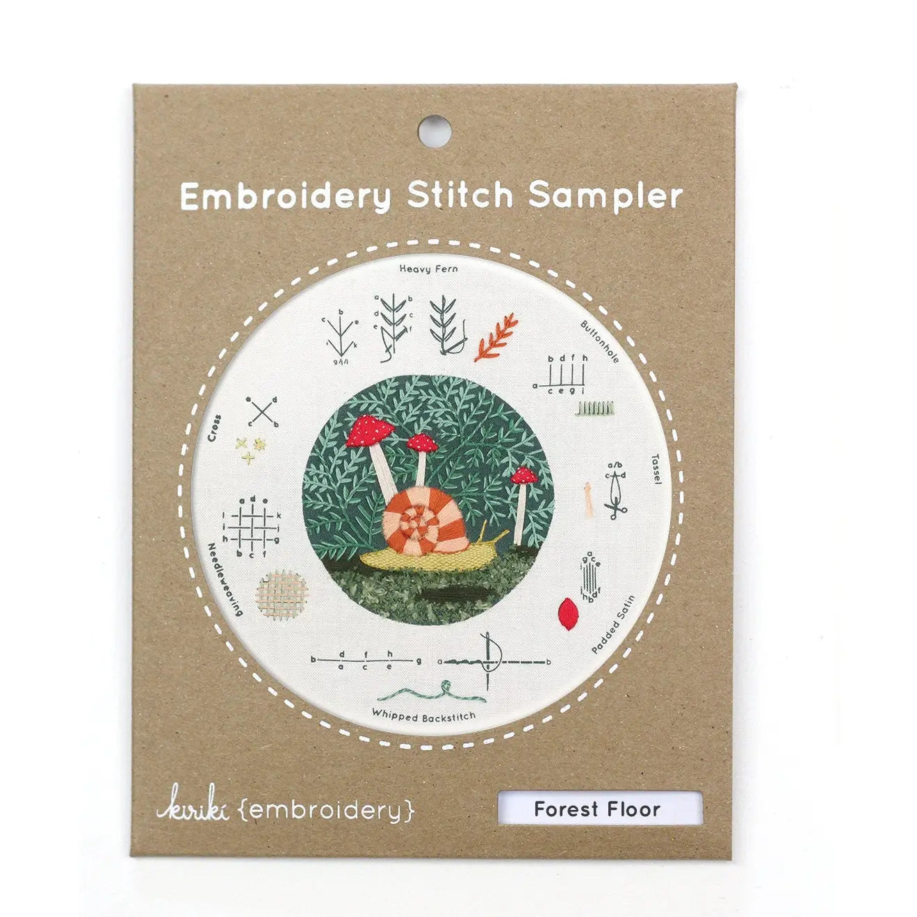 Embroidery Stitch Sampler with forest-themed design on a brown card