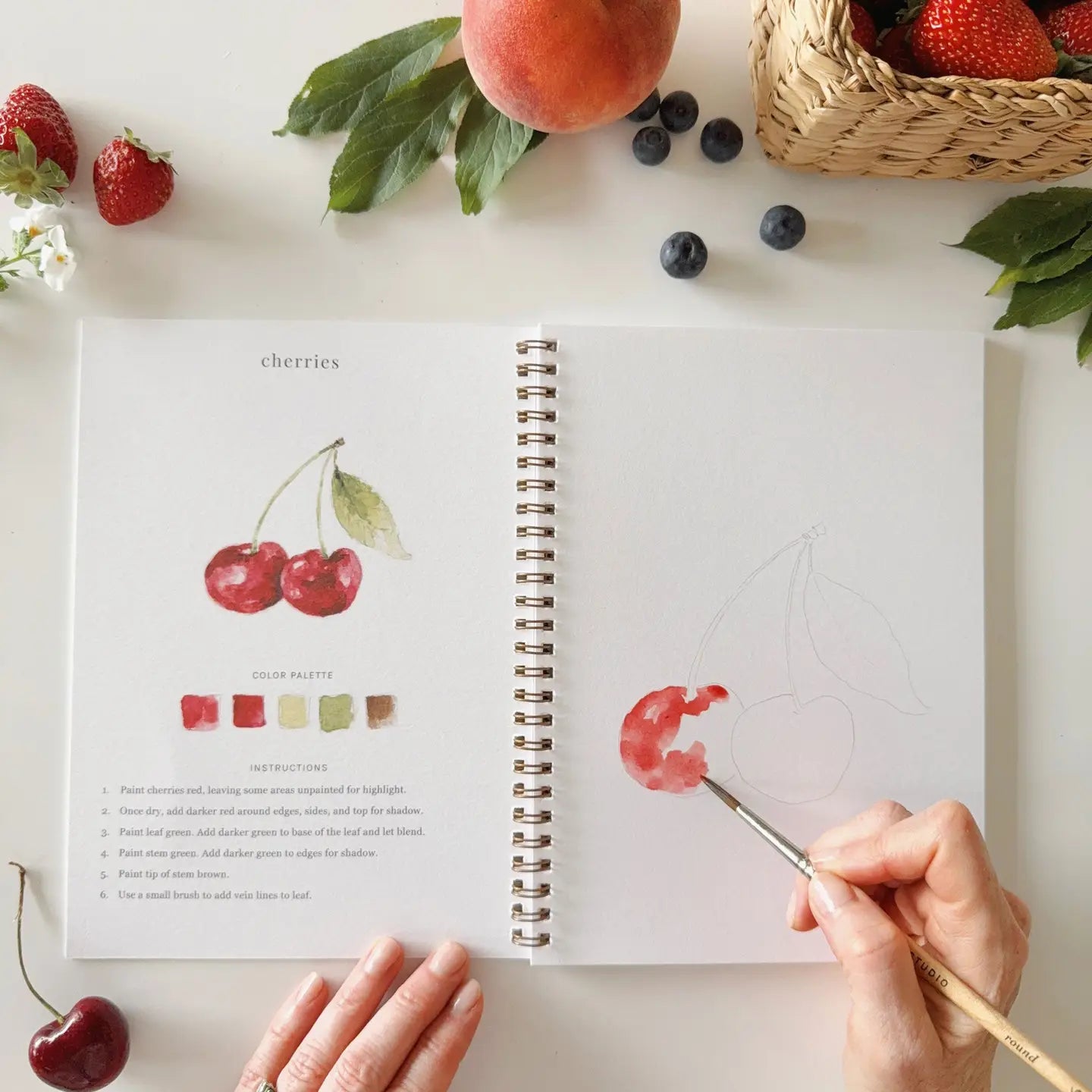 Open notebook with cherry illustration, hand holding a paintbrush, and fruits on a white surface