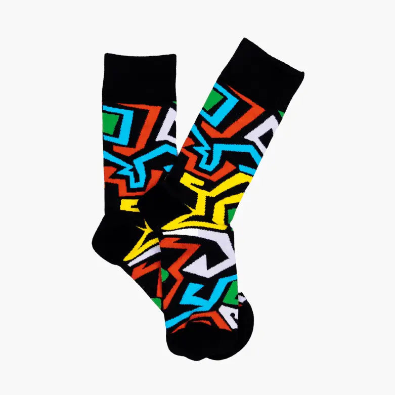 Colorful socks with geometric pattern on a white background