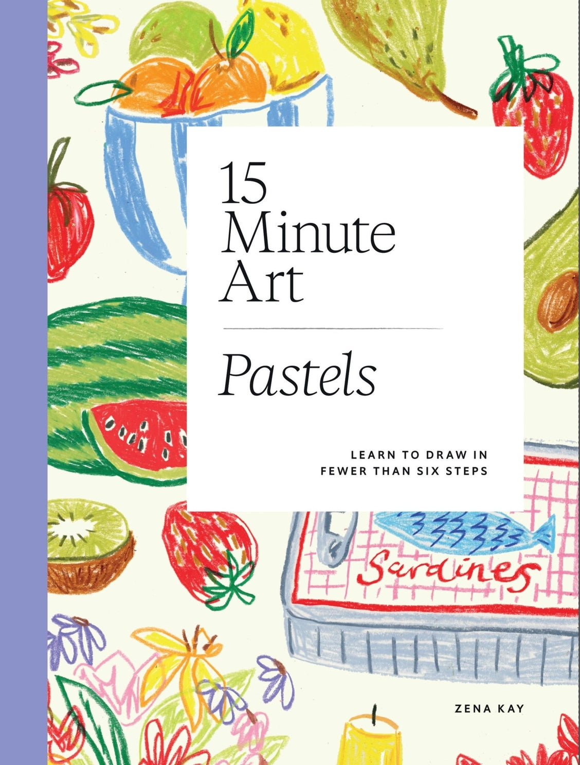 Book cover of '15 Minute Art: Pastels' with colorful illustrations and text.