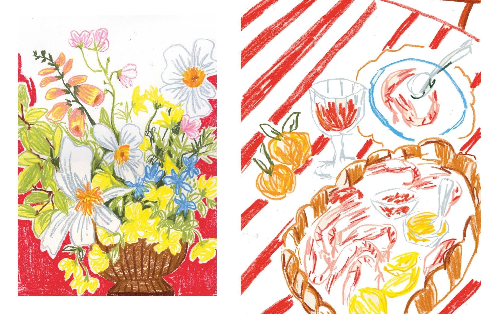 Two vintage-style illustrations: a bouquet of flowers on the left and a meal scene with a pie and glasses on the right.