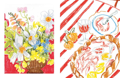 Two vintage-style illustrations: a bouquet of flowers on the left and a meal scene with a pie and glasses on the right.