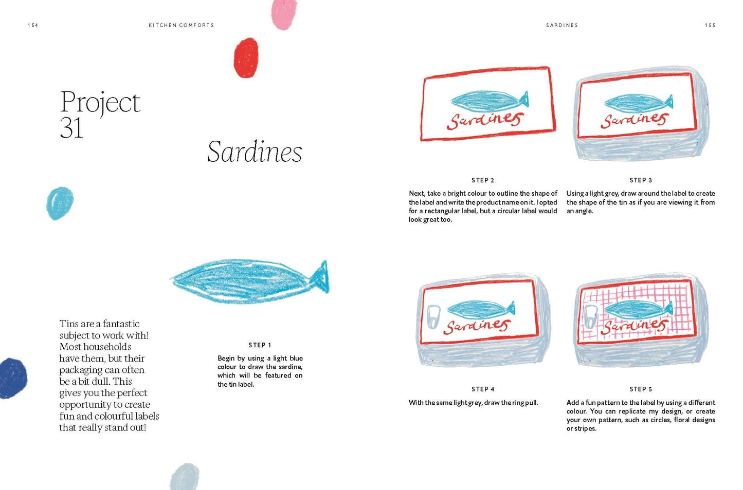 Illustrated instructions for creating 'Sardines' packaging labels with whale graphics.