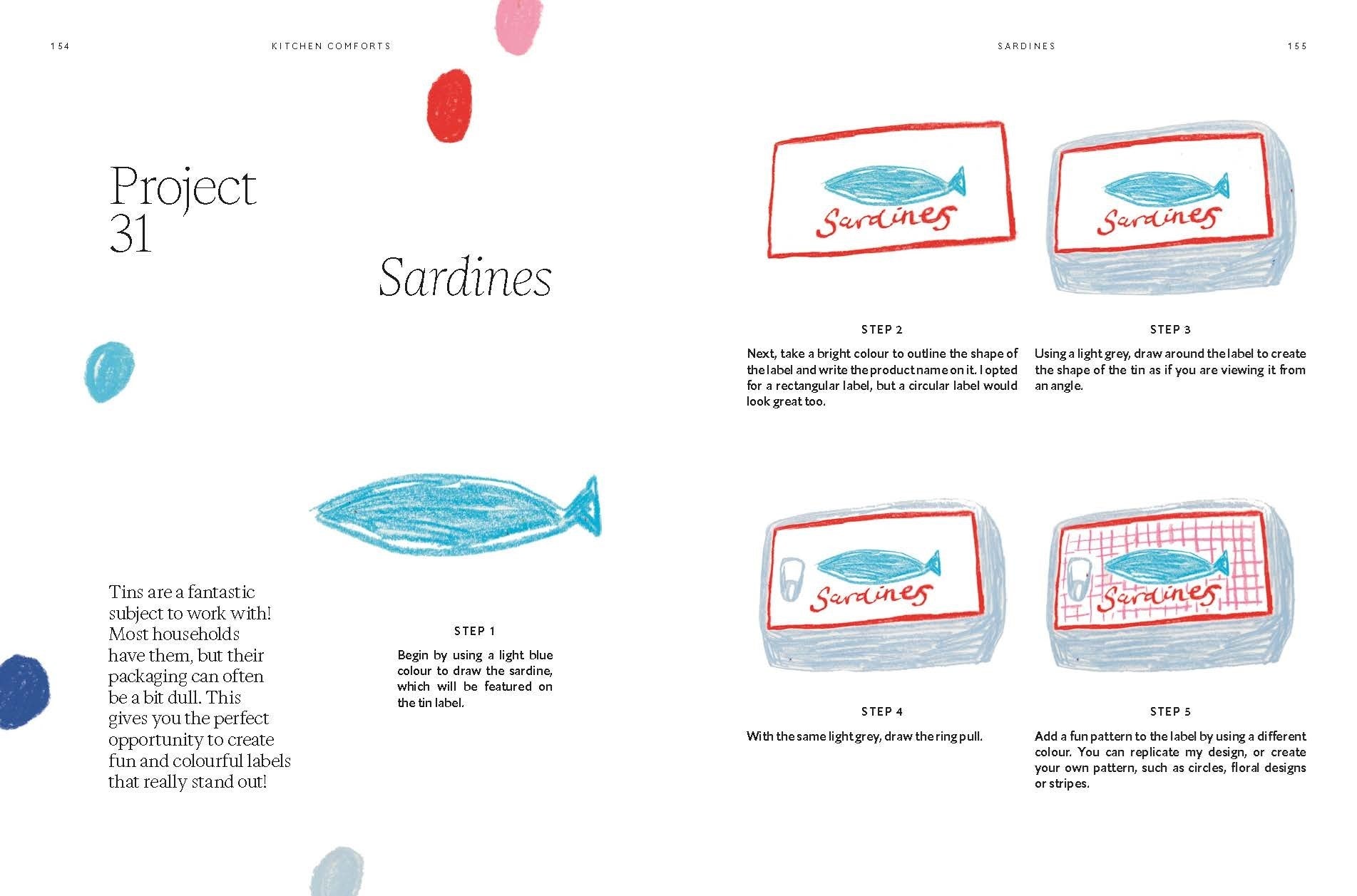 Illustrated instructions for creating 'Sardines' packaging labels with whale graphics.