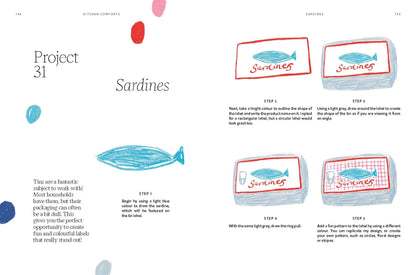 Illustrated instructions for creating 'Sardines' packaging labels with whale graphics.