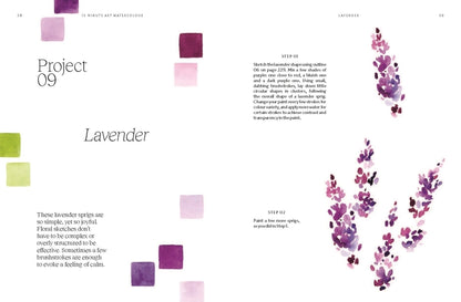 Page from a design book showing lavender illustrations and text on a white background