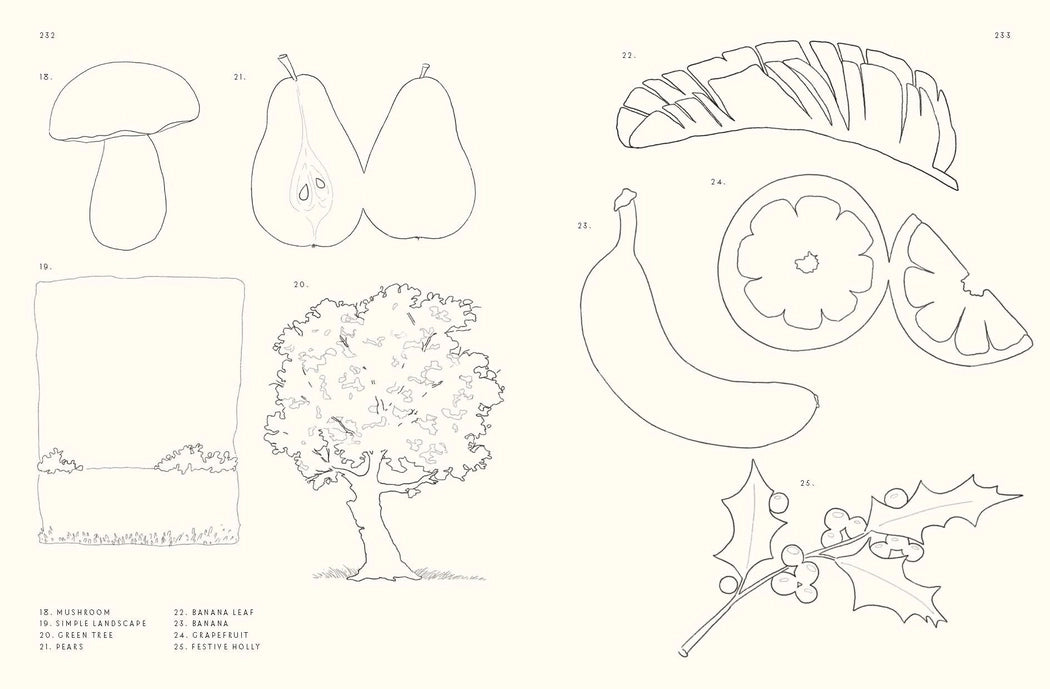 A vintage-style botanical illustration sheet featuring black line drawings of various nature motifs, including a mushroom, pears, a banana, a pumpkin, an acorn, a tree, a landscape sketch, and holly leaves, printed on a warm cream background.