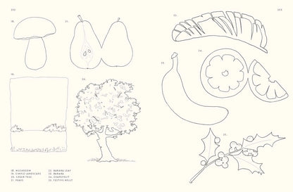 A vintage-style botanical illustration sheet featuring black line drawings of various nature motifs, including a mushroom, pears, a banana, a pumpkin, an acorn, a tree, a landscape sketch, and holly leaves, printed on a warm cream background.
