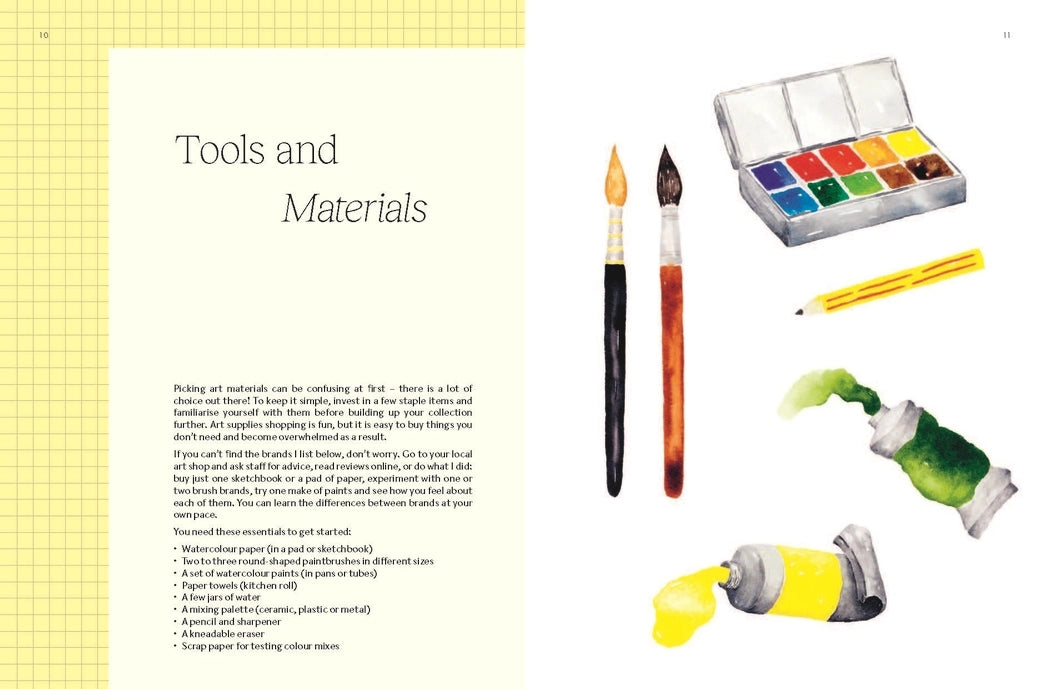 A printed page titled 'Tools and Materials' with text on the left and several art supplies illustrated or shown on the right, including paintbrushes, a watercolor palette, a yellow pencil, and paint swatches.